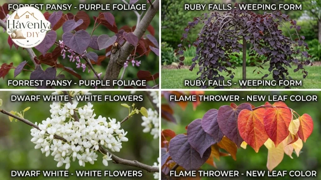 Eastern redbud varieties including Forest Pansy, Ruby Falls, Dwarf White and Flame Thrower