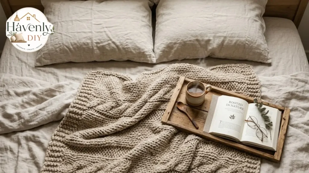 Bedroom Mother's Day gift ideas with linen pillowcases, knit throw and bedside tray