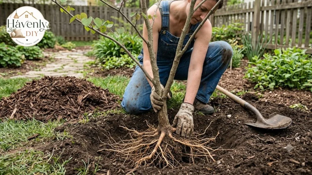 Planting a young eastern redbud with the root flare at soil level