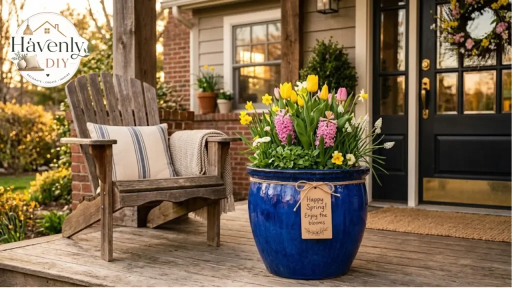Planter of flowers on a front porch as a Mother's Day gift for the home