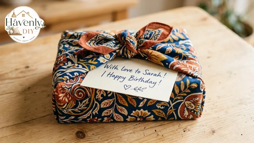 Mother's Day gift wrapped in a fabric scarf with a handwritten card