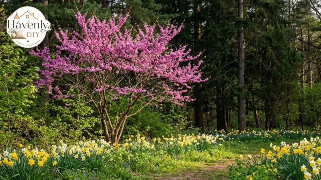 Eastern redbud blooming against evergreens with daffodils underneath