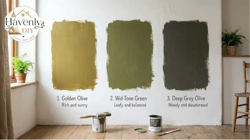 Three olive green paint samples tested on a wall in natural light