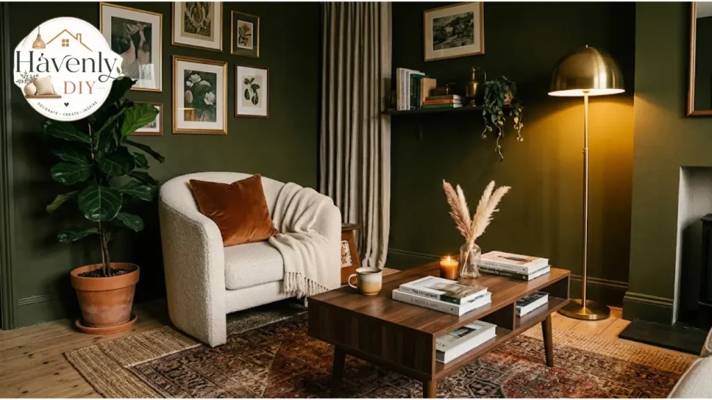 Living room with deep olive green walls, cream armchair and brass lamp