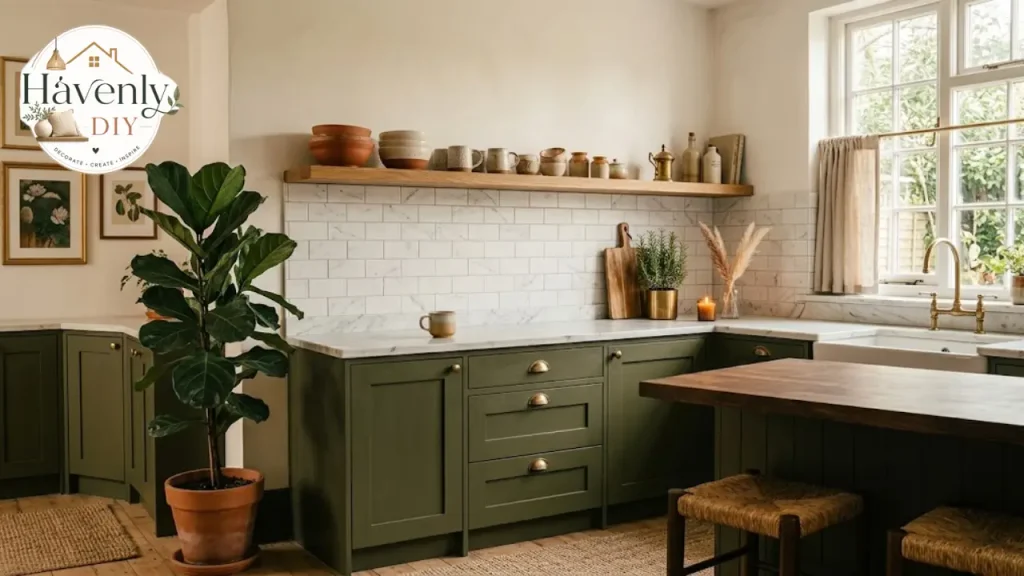 Olive green kitchen cabinets with brass hardware and marble countertops