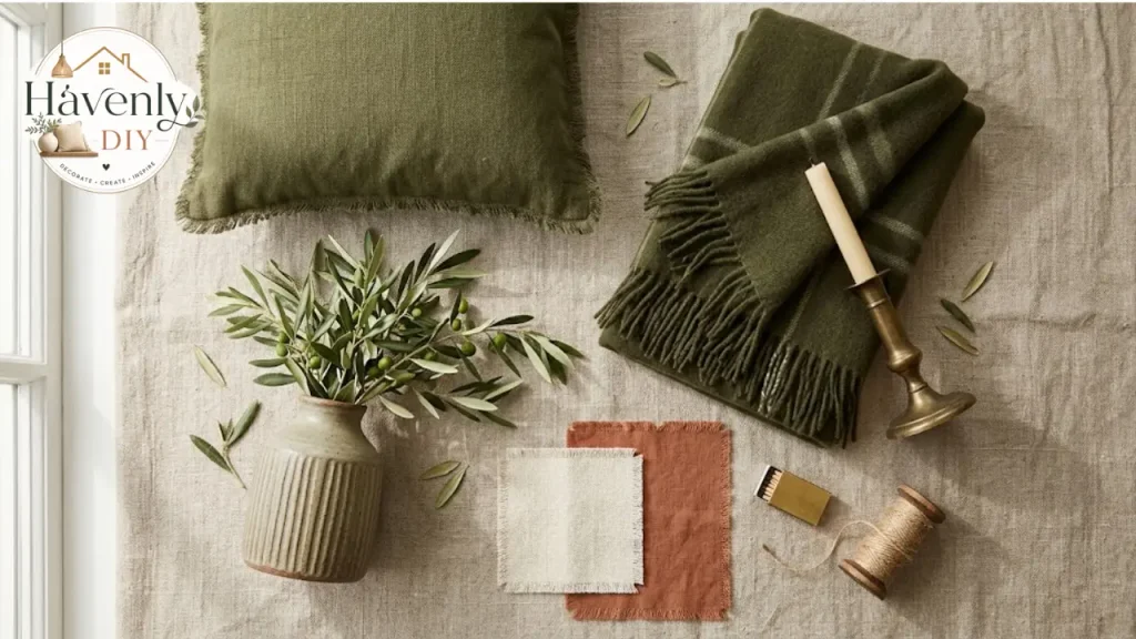 Olive green decor accents including cushion, vase, throw and olive leaves