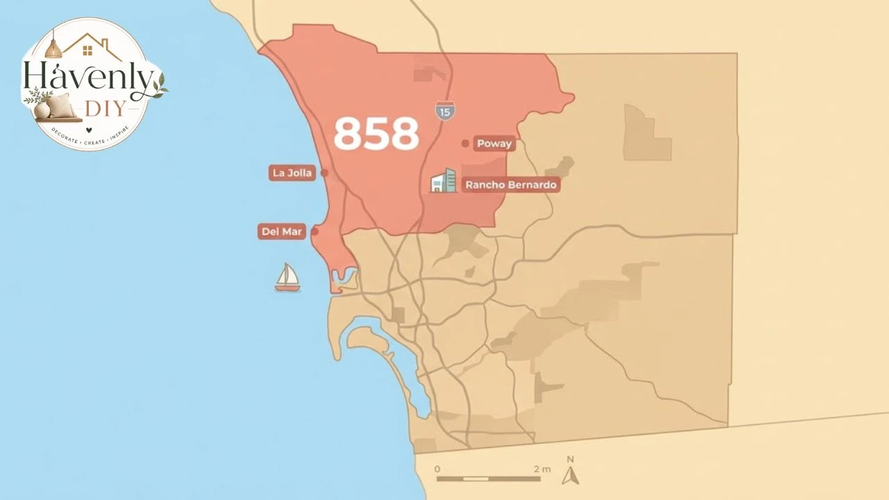 Map showing the location of area code 858 in northern and coastal San Diego, California
