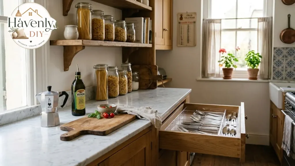 Small organized kitchen with a wall-mounted rail, magnetic knife strip, and rolling cart.