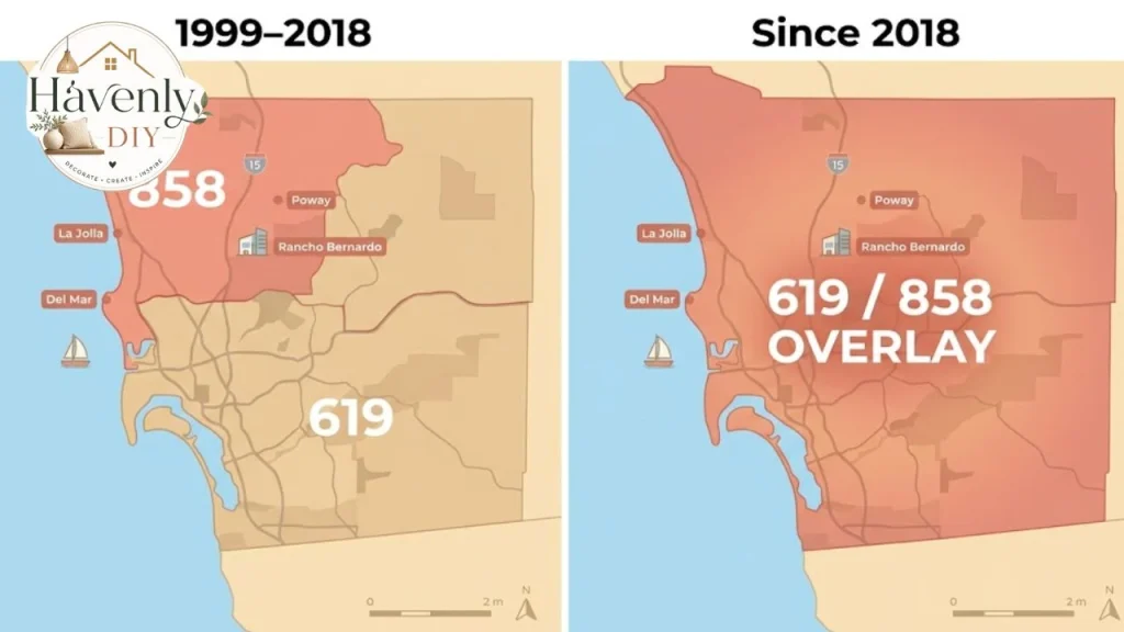 Map comparing the original 858 and 619 areas with today's shared overlay