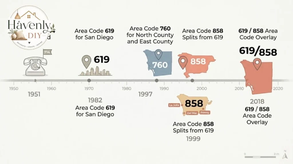 Timeline of San Diego area codes from 714 to the 619/858 overlay