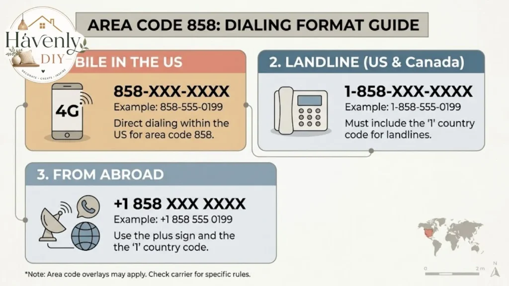 How to dial an 858 area code number from the US and from abroad