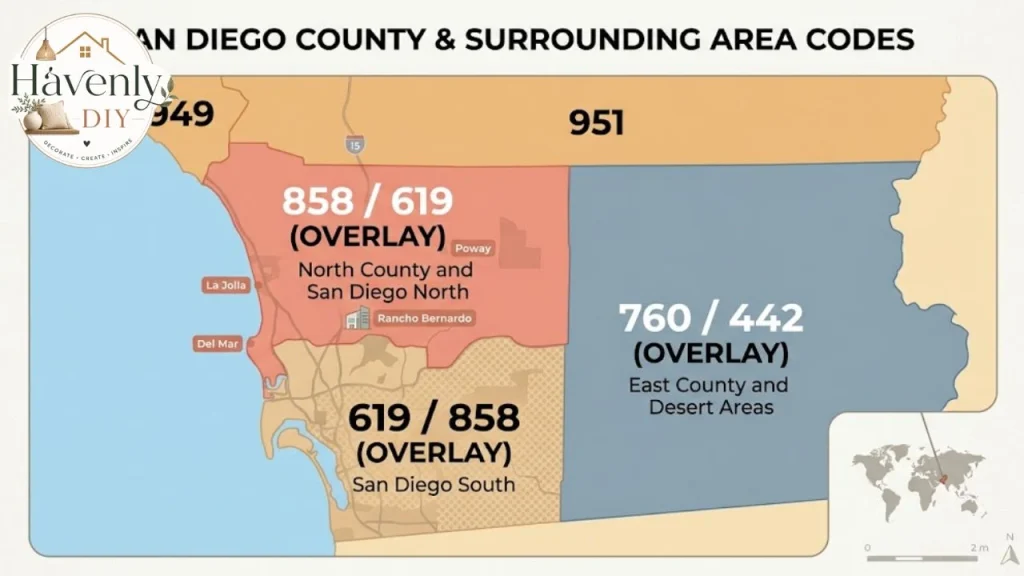 Map of area codes near 858, including 619, 760, 442, 949 and 951