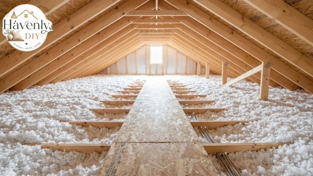 Thick layer of blown-in attic insulation between rafters