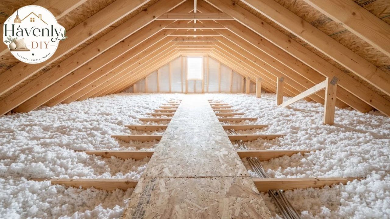 Thick layer of blown-in attic insulation between rafters