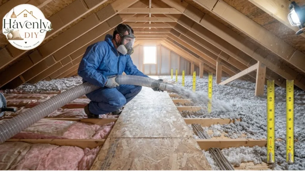 Homeowner blowing in attic insulation with baffles and depth markers