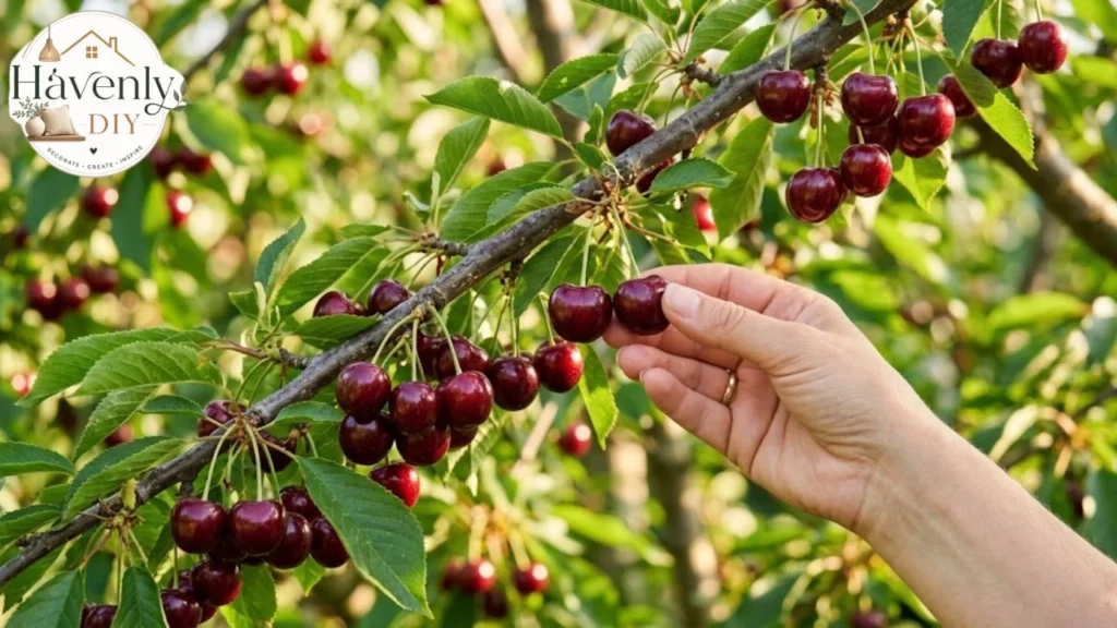 Ripe sweet cherries on a home-grown cherry tree ready to pick