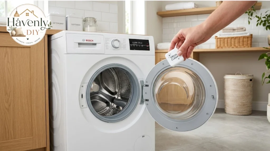 Adding a washing machine cleaner tablet to a clean front-loader drum