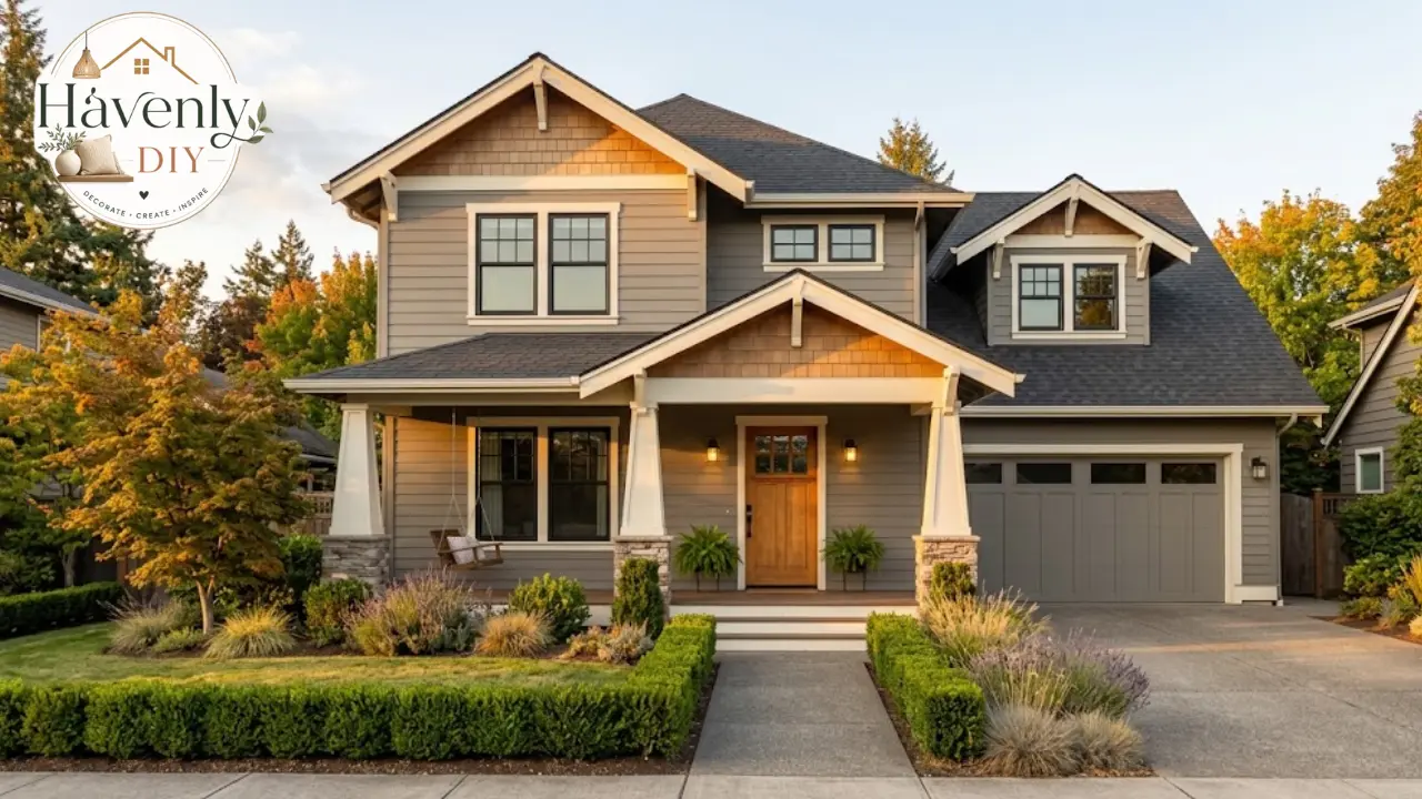 Medium warm gray house exterior with white trim, black windows and a wood front door